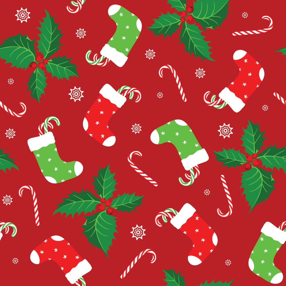 45 x 36 Red and Green Stockings and Candy Canes on Red Christmas 100% Cotton Fabric By the Yard