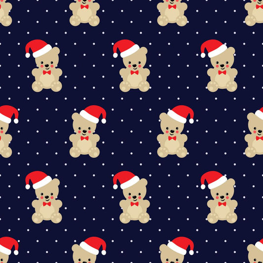 45 x 36 Christmas Teddy Bears on Navy Blue with Dots 100% Cotton