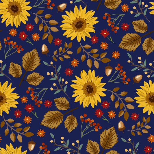 45 x 36 Fall Autumn Thanksgiving Sunflowers Acorns and Leaves on Dark Navy Blue