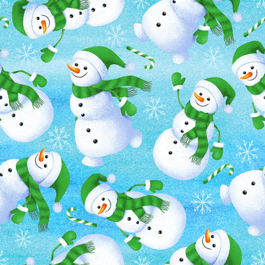 45 x 36 Christmas Fabric Snowmen with Green Scarves on Light Blue 100% Cotton