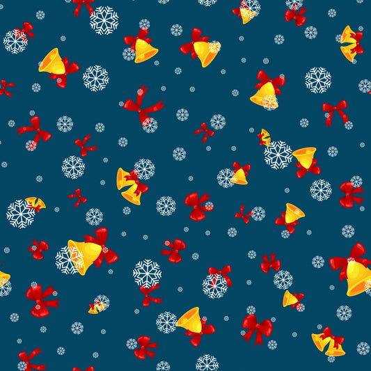 45 x 36 Christmas Fabric Bells Bows and Snowflakes on Navy Blue 100% Cotton