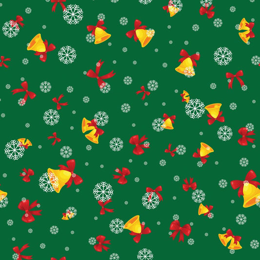 45 x 36 Christmas Fabric Bells Bows and Snowflakes on Green 100% Cotton
