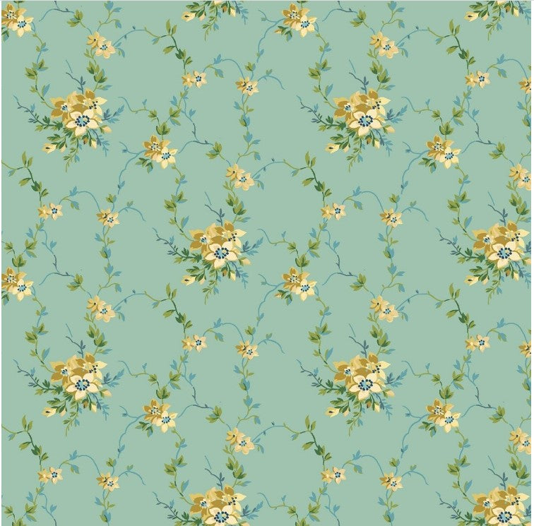 45 x 36 Flowers Trellis on Turquoise Blue 100% Cotton Marcus Fabrics