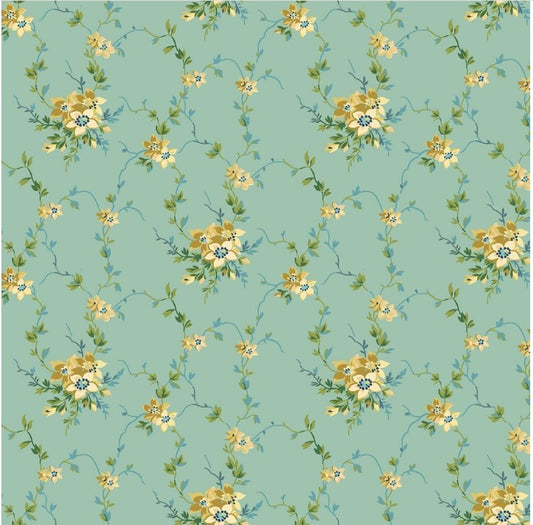 45 x 36 Flowers Trellis on Turquoise Blue 100% Cotton Marcus Fabrics