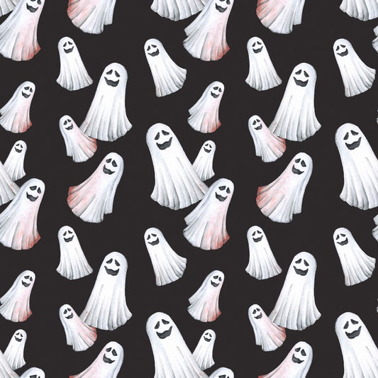45 x 36 Halloween Spooky Smiling Ghosts on Black 100% Cotton Fabric