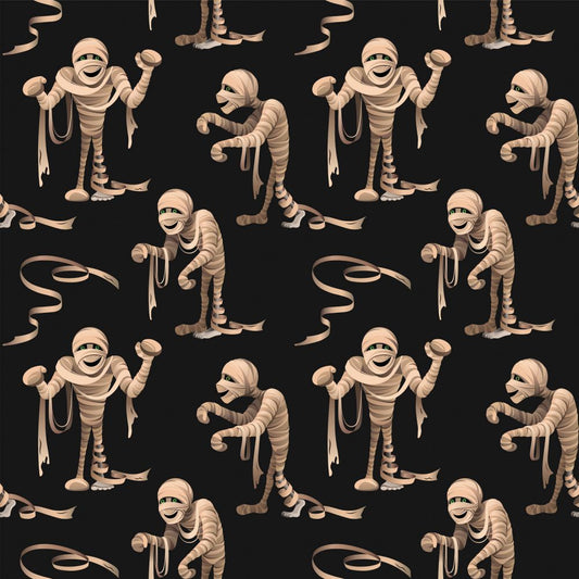 45 x 36 Halloween Mummies on Black 100% Cotton Fabric