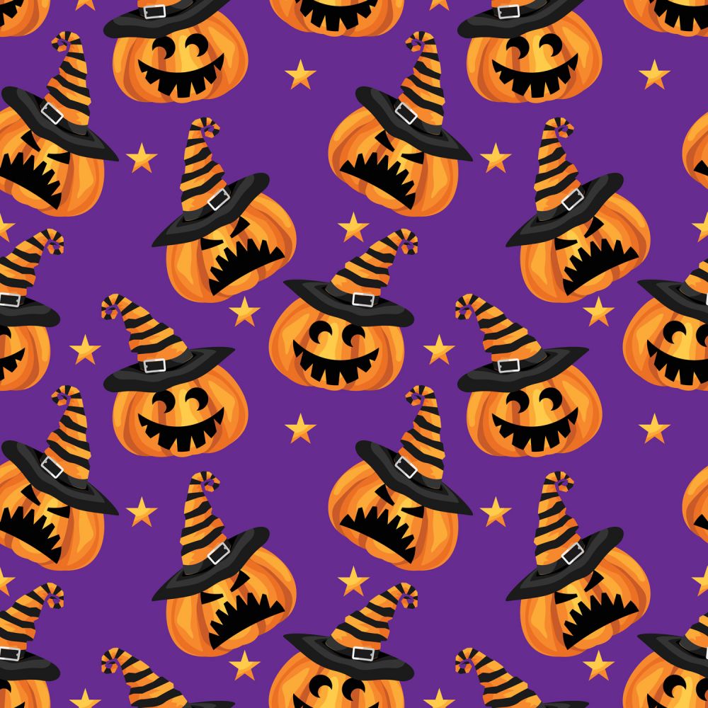 45 x 36 Halloween Mischievous Pumpkins on Purple 100% Cotton Fabric