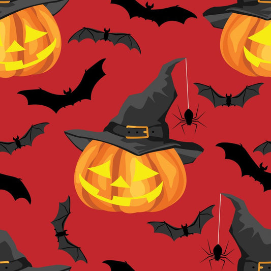 45 x 36 Halloween Lighted Pumpkins and Bats on Red 100% Cotton Fabric