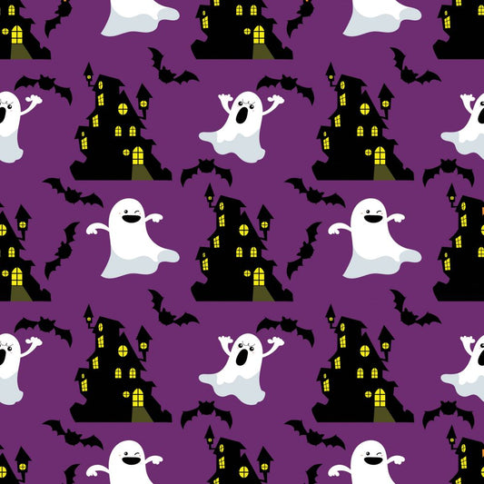 45 x 36 Halloween Ghosts and Haunted House on Purple 100% Cotton Fabric