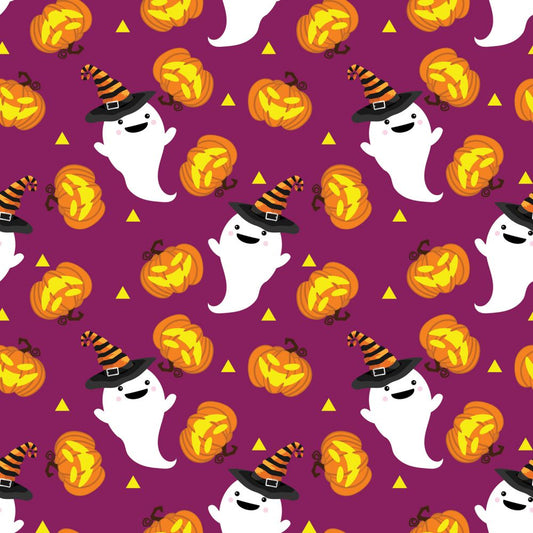 45 x 36 Halloween Happy Ghosts and Pumpkins on Purple 100% Cotton Fabric