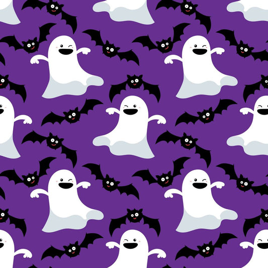 45 x 36 Halloween Dancing Ghosts and Bats on Purple 100% Cotton Fabric