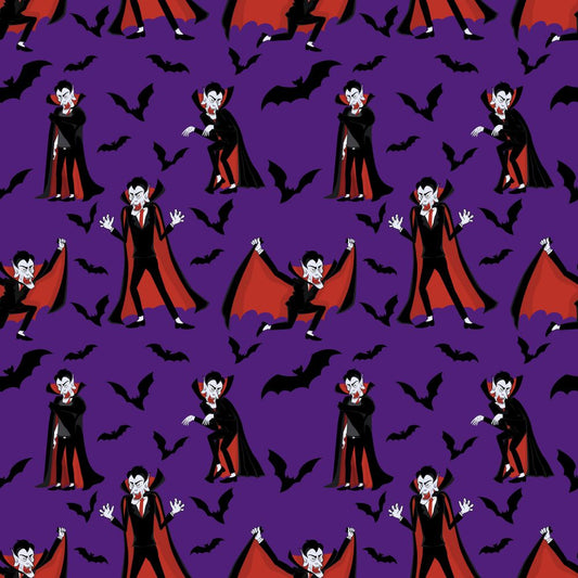 45 x 36 Halloween Dracula Vampire on Purple 100% Cotton Fabric