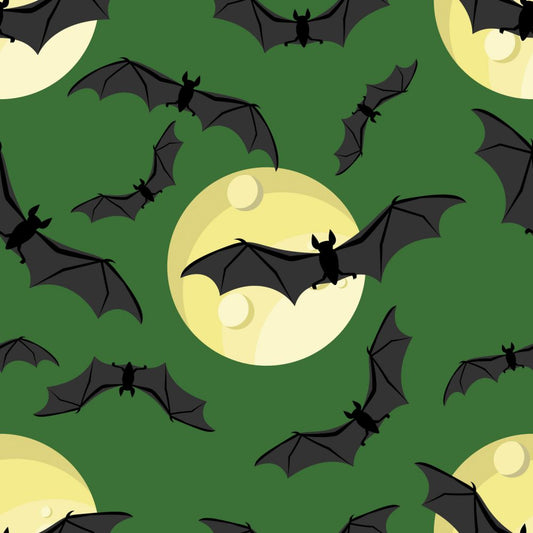 45 x 36 Halloween Bats Full Moon on Green 100% Cotton Fabric