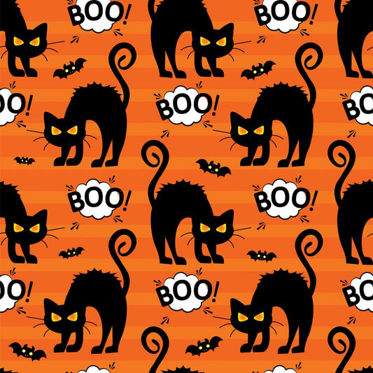 45 x 36 Halloween Black Cats BOO and Bats on Striped Orange 100% Cotton Fabric