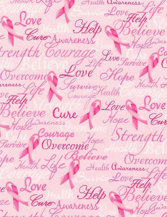 45 x 36 Breast Cancer Awareness Ribbons Words on Pink 100% Cotton