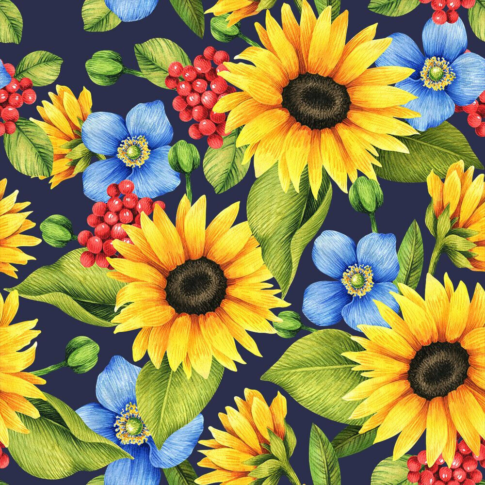 45 x 36 Fall Autumn Thanksgiving Sunflower and Blue Flowers 100% Cotton Fabric