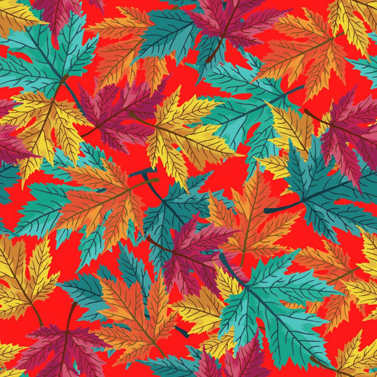 45 x 36 Beautiful Teal Yellow Fall Leaves on Red 100% Cotton Fabric Fall Autumn Thanksgiving