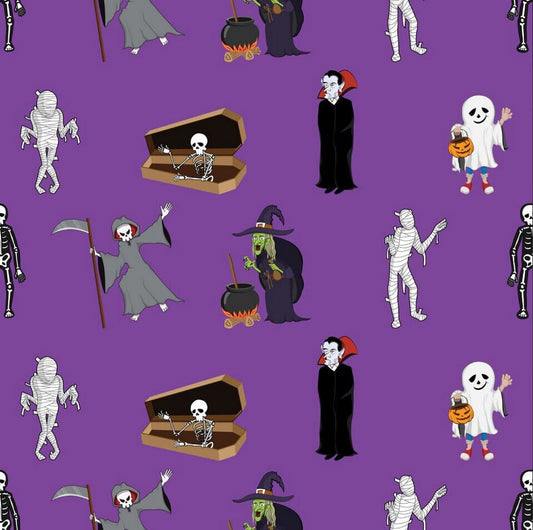 45 x 36 Halloween Spooky Monsters Creatures on Purple 100% Cotton Fabric