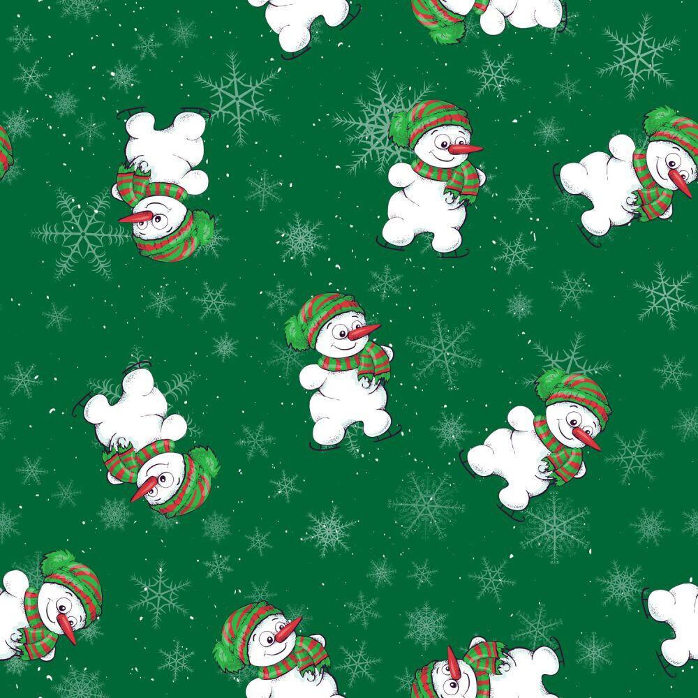 Christmas Cheery Snowmen on Ice Skates on Green 100% Cotton Fabric