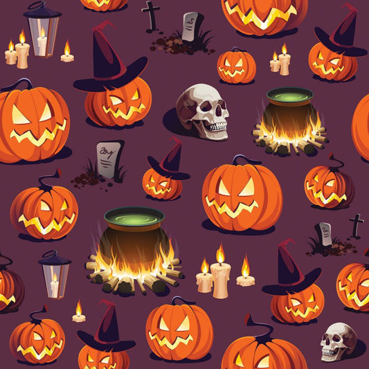 45 x 36 Halloween Spooky Smiling Pumpkin and Skulls on Purple 100% Cotton Fabric