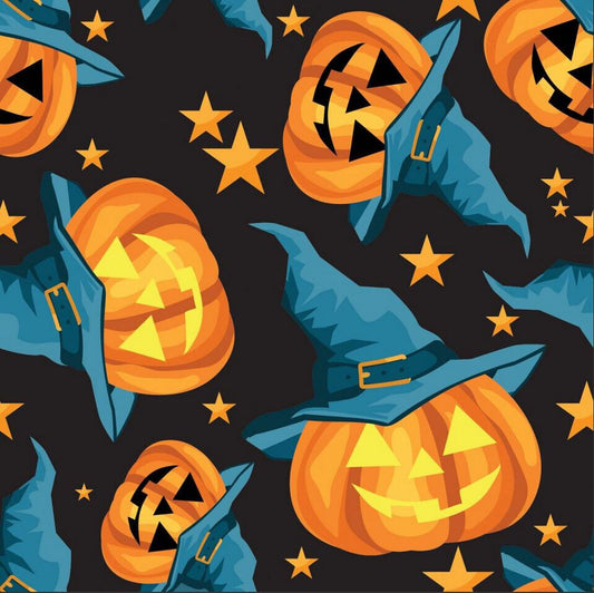 44 x 36 Smiling Pumpkins Jack o Lantern on Black 100% Cotton Halloween