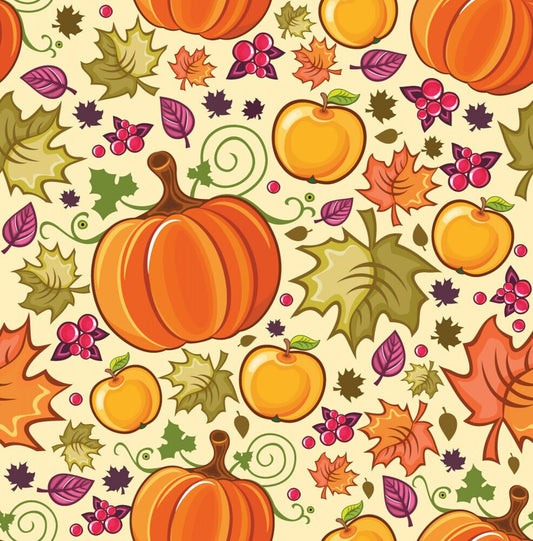 45 x 36 Fall Autumn Thanksgiving Pumpkins and Leaves on Cream 100% Cotton Fabric