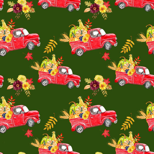 45 x 36 Fall Autumn Thanksgiving Fabric Red Truck with Harvest Haul on Green 100% Cotton Fabric