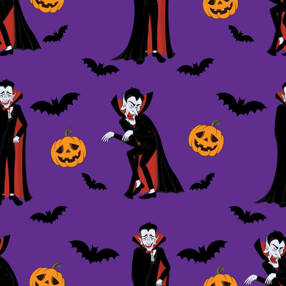 45 x 36 Halloween Vampires Bats and Pumpkins on Purple 100% Cotton Fabric