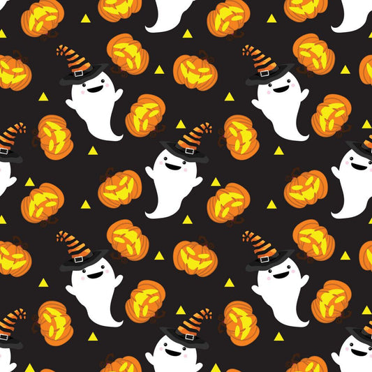 45 x 36 Halloween Ghosts and Pumpkins on Black 100% Cotton