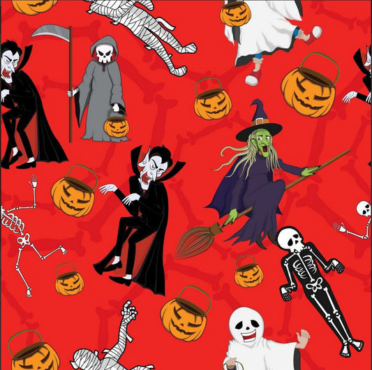 45 x 36 Halloween Dancing Monsters on Orange 100% Cotton Fabric