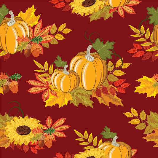 44 x 36 Pumpkins and Sunflowers on Burgundy Fall Autumn Thanksgiving Fabric