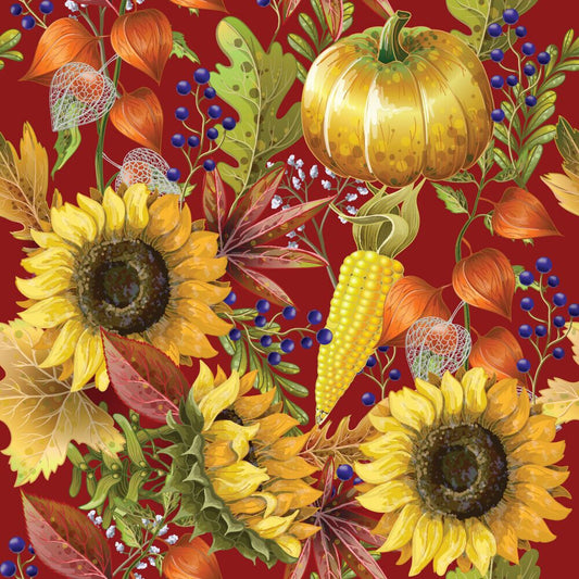 45 x 36 Pumpkins and Sunflowers on Burgundy Fall Autumn Thanksgiving 100% Cotton Fabric