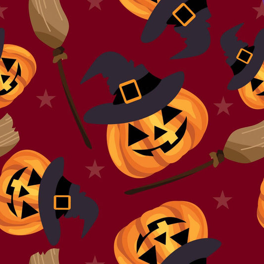 44 x 36 Pumpkins and Witches Brooms on Red Halloween 100% Cotton