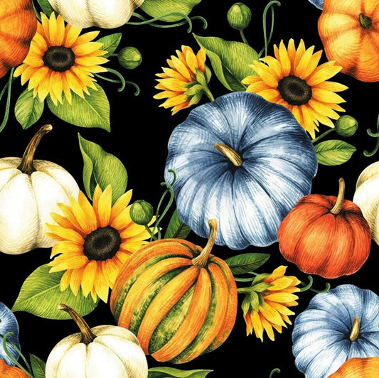 45 x 36 Pumpkins and Gourds on Black by the yard Fall Autumn Thanksgiving Fabric